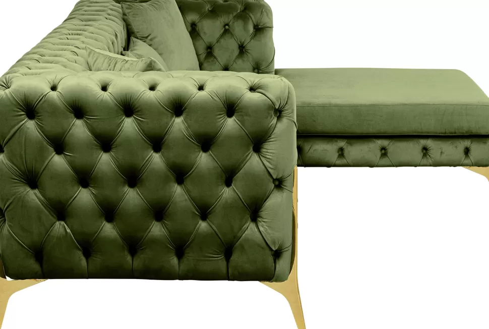 Narożniki-KARE Design Narożnik Prawy Welurowy Pikowany Zielony Glamour 240x180 Cm Nogi Złote
