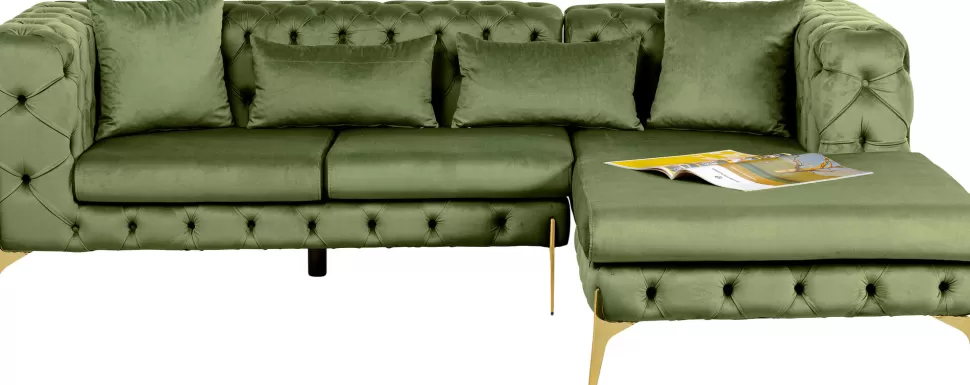 Narożniki-KARE Design Narożnik Prawy Welurowy Pikowany Zielony Glamour 240x180 Cm Nogi Złote