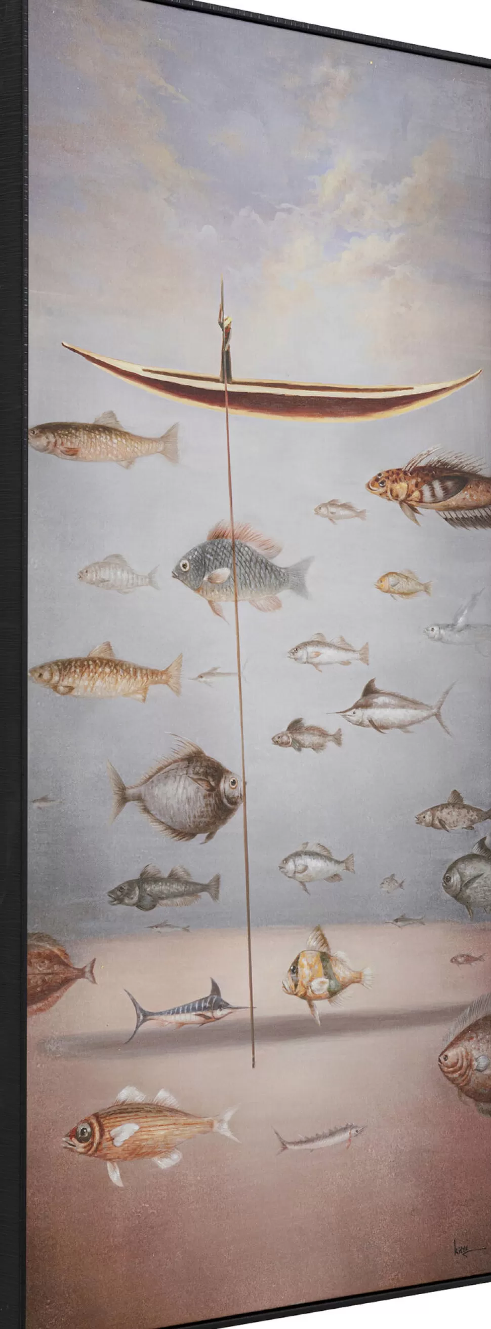 Obrazy-KARE Design Obraz Kolorowy łódka I Ryby Rama Czarna 60x120 Cm