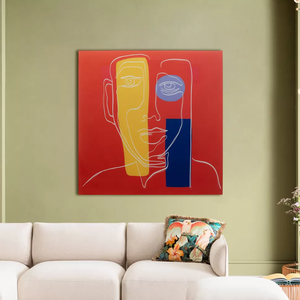 Obrazy-KARE Design Obraz Szklany Twarz 100x100 Cm Czerwone Tło