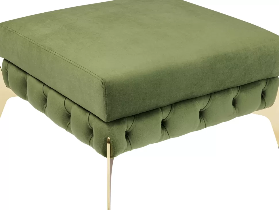 Taborety-KARE Design Podnóżek Welurowy Pikowany Zielony Nogi Złote Stalowe 80x80 Cm