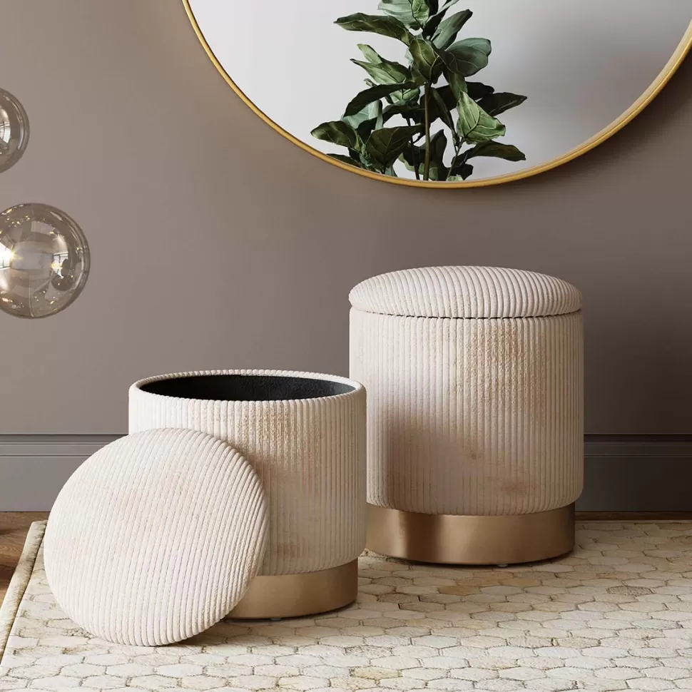 Pufy-KARE Design Pufy Tapicerowane Ze Schowkiem Beżowe Podstawy Złote 2-set