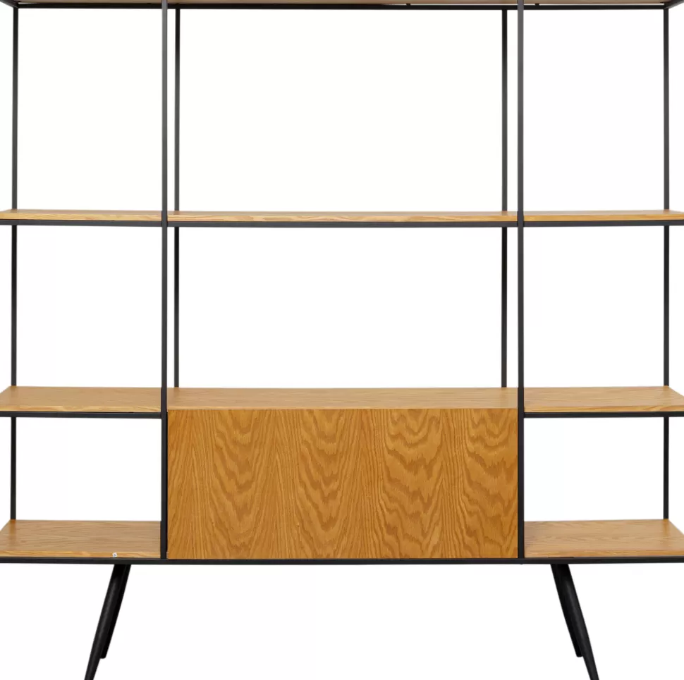 Regały-KARE Design Regał Ze Schowkiem Półki Naturalne Fornir Dębowy Rama Czarna Stalowa 180x183 Cm