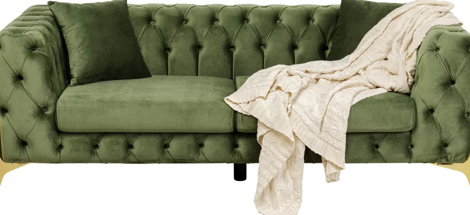 Sofy-KARE Design Sofa 2-osobowa Welurowa Pikowana Zielona Nogi Złote 200 Cm