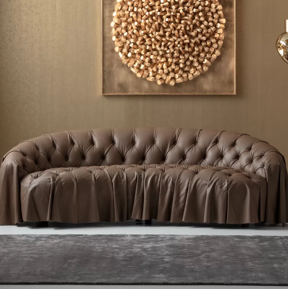 Sofy-KARE Design Sofa 3-osobowa Pikowana Brązowa Skóra Semianilinowa 226 Cm