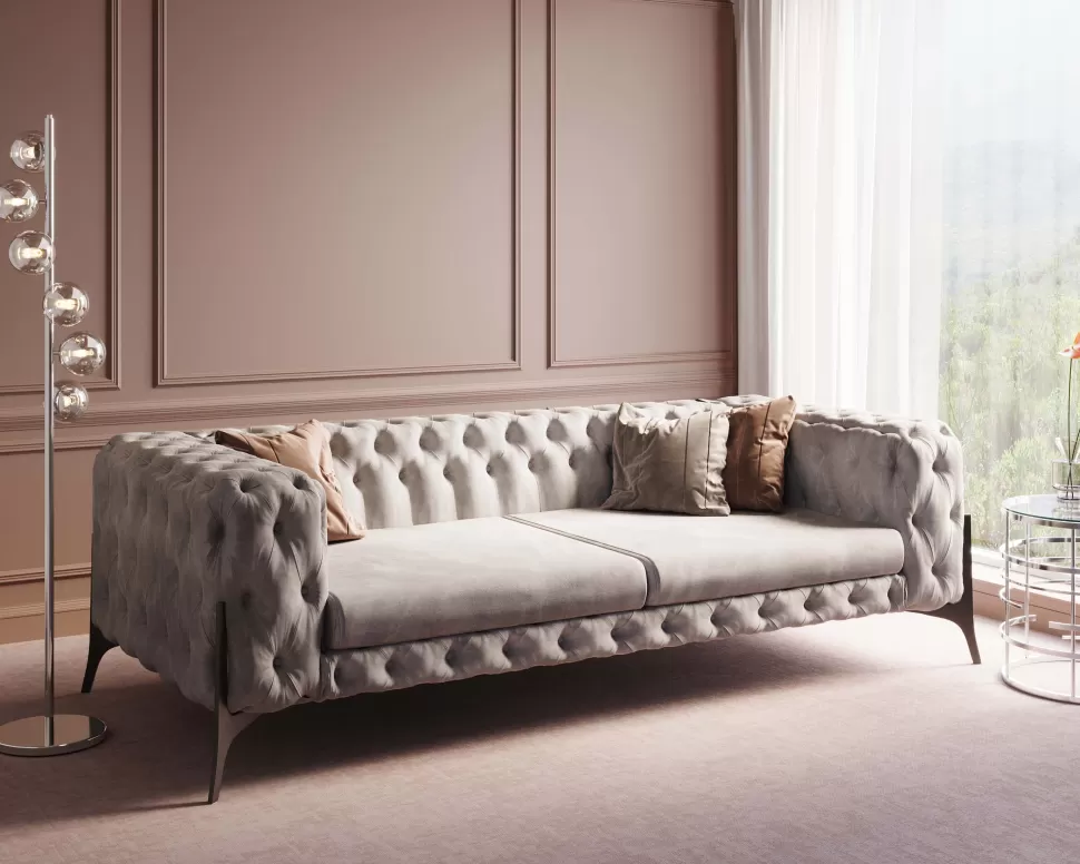 Sofy-KARE Design Sofa 3-osobowa Welurowa Pikowana Beżowa Glamour 240 Cm Nogi Czarne