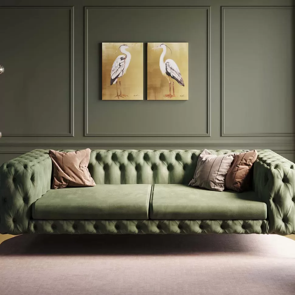 Sofy-KARE Design Sofa 3-osobowa Welurowa Pikowana Zielona Glamour 240 Cm Nogi Złote
