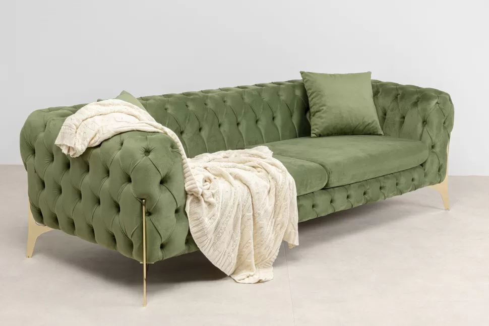 Sofy-KARE Design Sofa 3-osobowa Welurowa Pikowana Zielona Glamour 240 Cm Nogi Złote