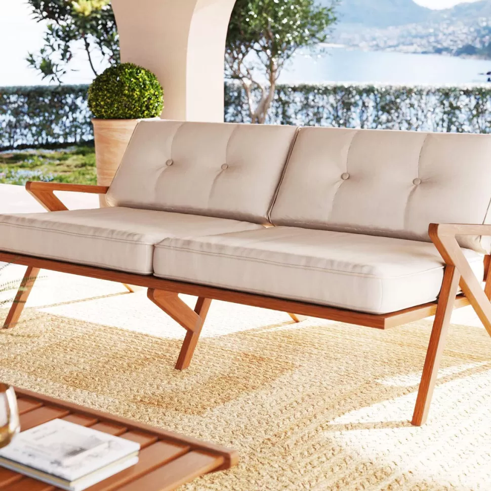 Sofy-KARE Design Sofa Ogrodowa 3-osobowa Siedzisko Kremowe 180 Cm Nogi Drewno Akacjowe