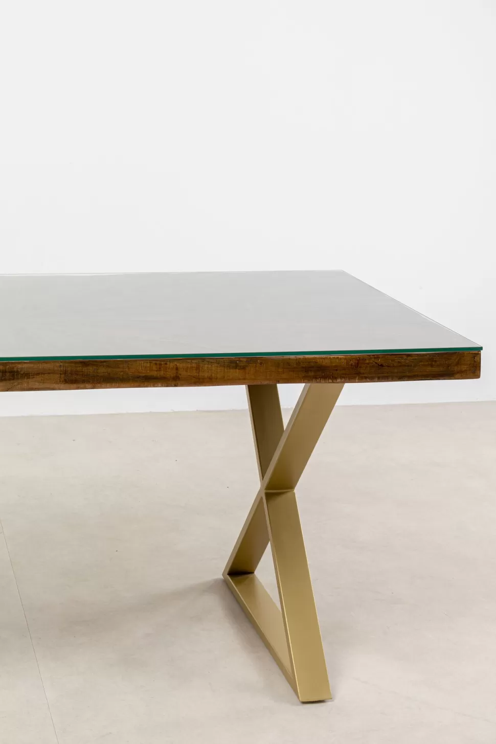 Stoły-KARE Design Stół Blat Drewno Z Recyklingu I Szkło Hartowane Nogi Złote 180x90 Cm