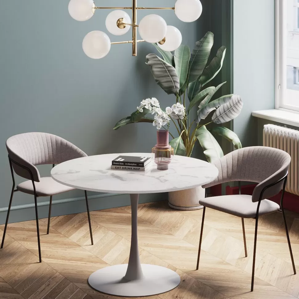 Stoły-KARE Design Stół Do Jadalni Biały Blat MDF Imitacja Marmuru Noga Biała Stalowa Ø110 Cm