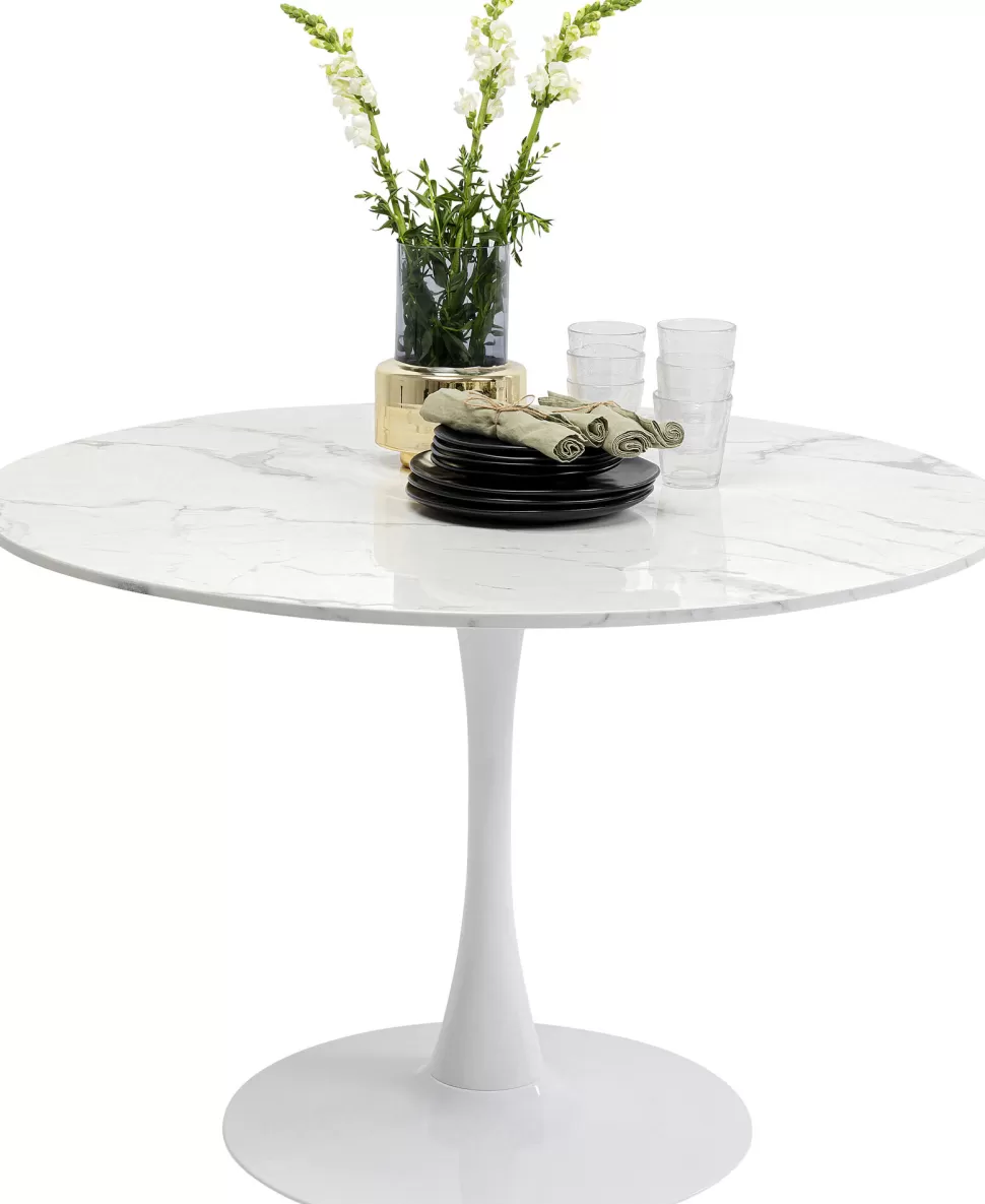 Stoły-KARE Design Stół Do Jadalni Biały Blat MDF Imitacja Marmuru Noga Biała Stalowa Ø110 Cm