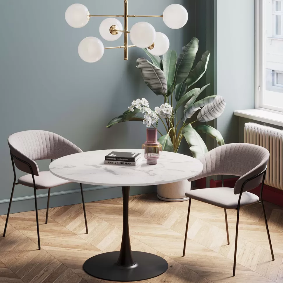 Stoły-KARE Design Stół Do Jadalni Biały Blat MDF Imitacja Marmuru Noga Czarna Stalowa Ø110 Cm