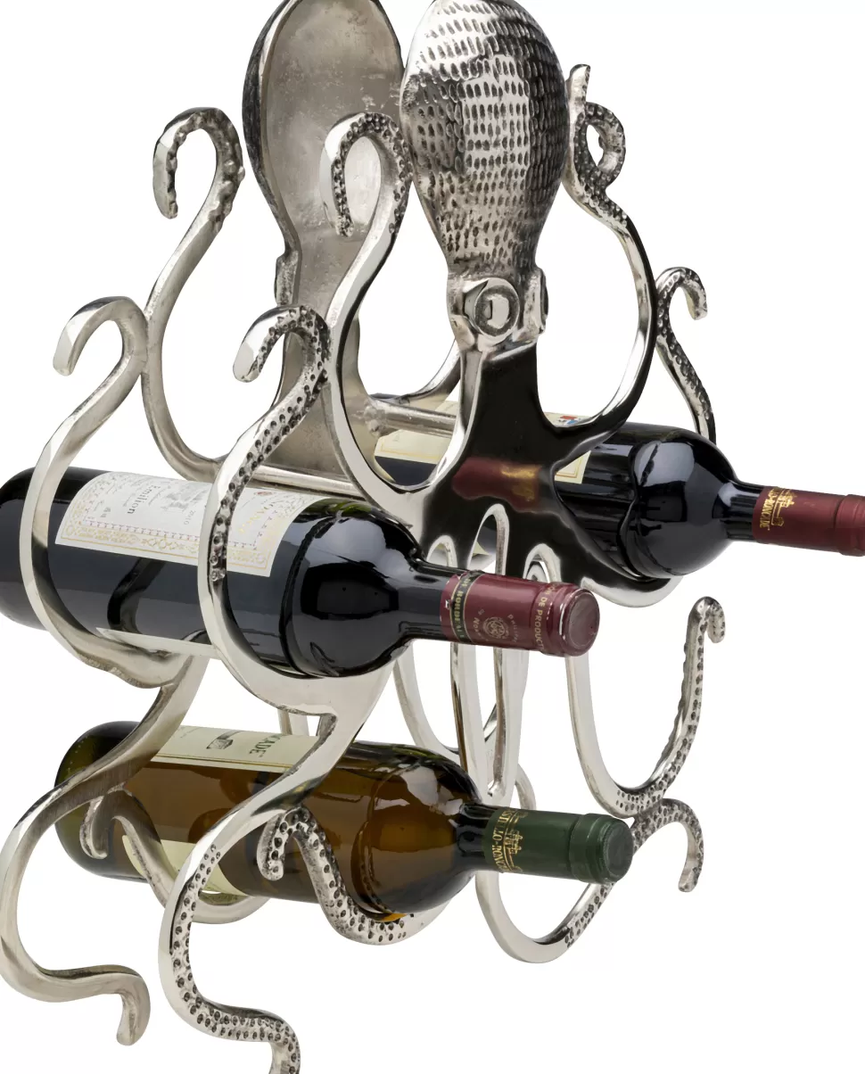 Stojaki Na Wino-KARE Design Stojak Na Wino Srebrny Z Aluminium Kształt Ośmiornicy 44x49 Cm