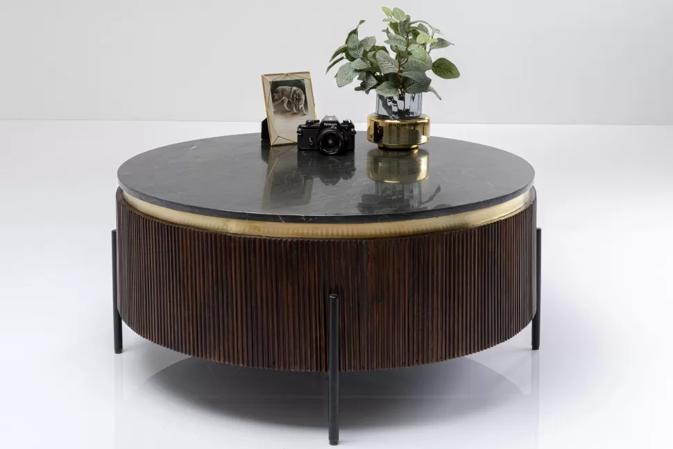 Stoliki Kawowe-KARE Design Stolik Kawowy Catalina Ø90 Cm Drewno Mango Ciemnobrązowe - Blat Marmur