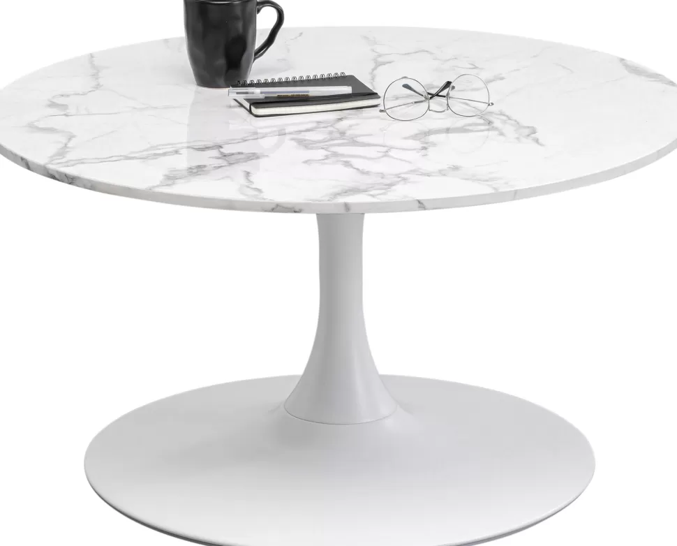 Stoliki Kawowe-KARE Design Stolik Kawowy Okrągły Biały Blat MDF Imitacja Marmuru Ø80 Cm