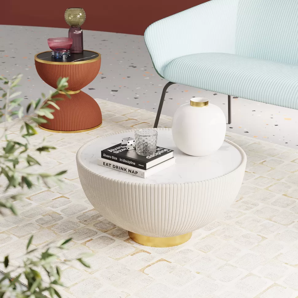 Stoliki Kawowe-KARE Design Stolik Kawowy Okrągły Biały Podstawa Złota Ø71 Cm