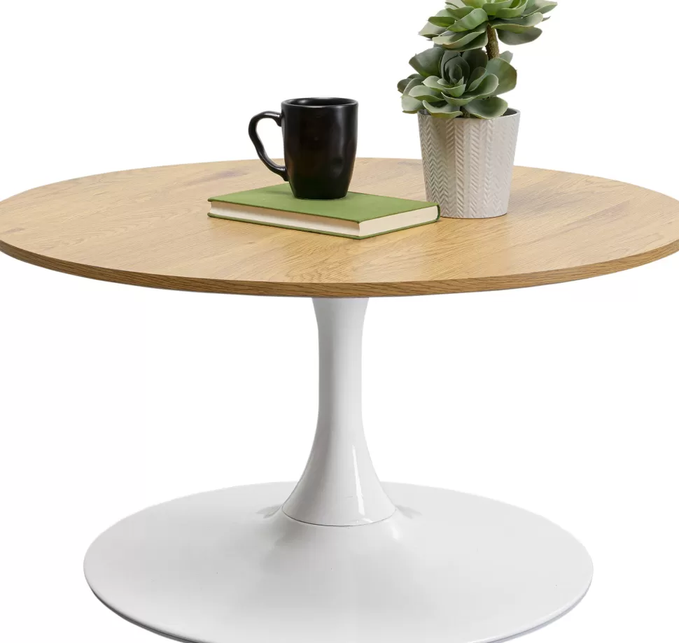 Stoliki Kawowe-KARE Design Stolik Kawowy Okrągły Naturalny Blat MDF Ø80 Cm Podstawa Biała Stalowa