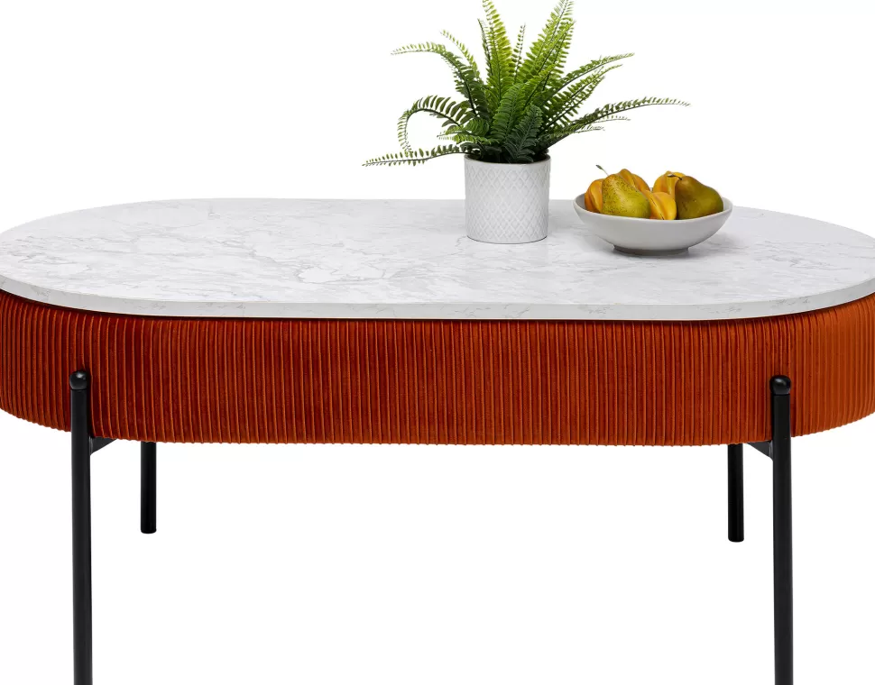Stoliki Kawowe-KARE Design Stolik Kawowy Tkanina Brązowa Blat MDF Imitacja Marmuru 114x60 Cm Nogi Czarne