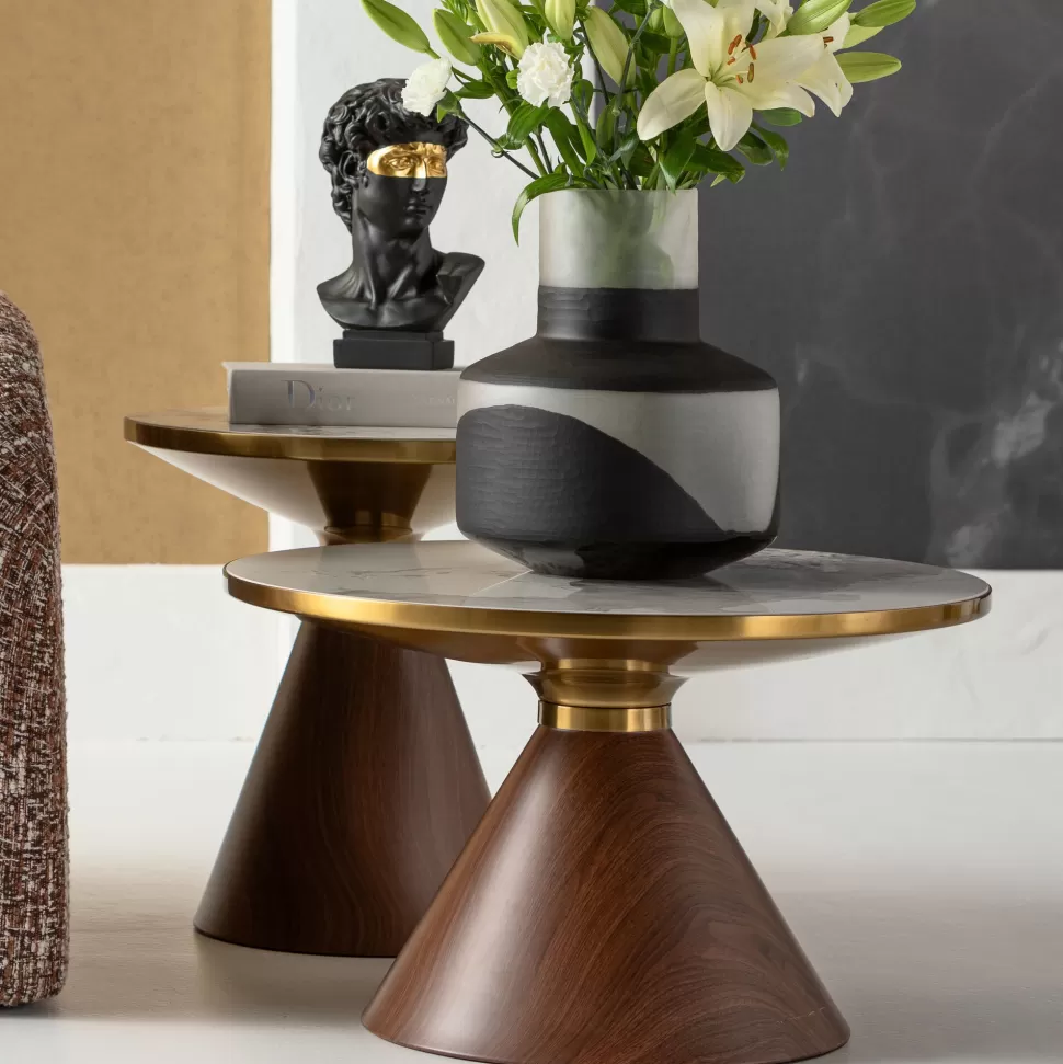 Stoliki Kawowe-KARE Design Stolik Kawowy Z Ceramicznym Blatem Podstawa Brązowa Ø70 Cm