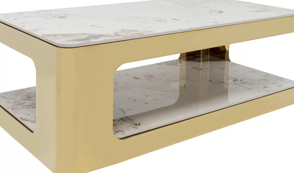 Stoliki Kawowe-KARE Design Stolik Kawowy Z Półką Biało-złoty Ceramika I Stal Nierdzewna 130x70 Cm
