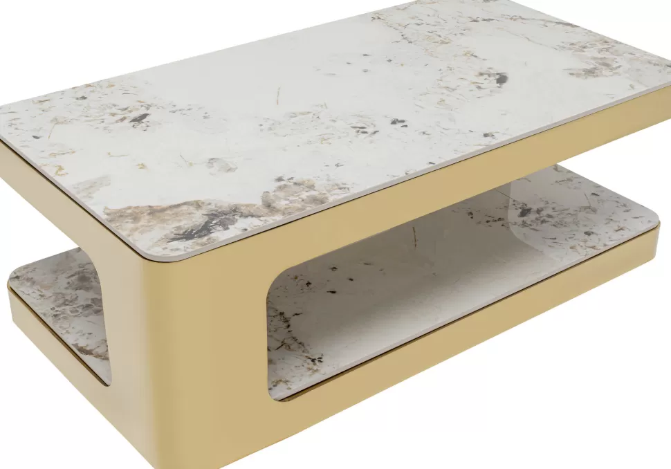Stoliki Kawowe-KARE Design Stolik Kawowy Z Półką Biało-złoty Ceramika I Stal Nierdzewna 130x70 Cm