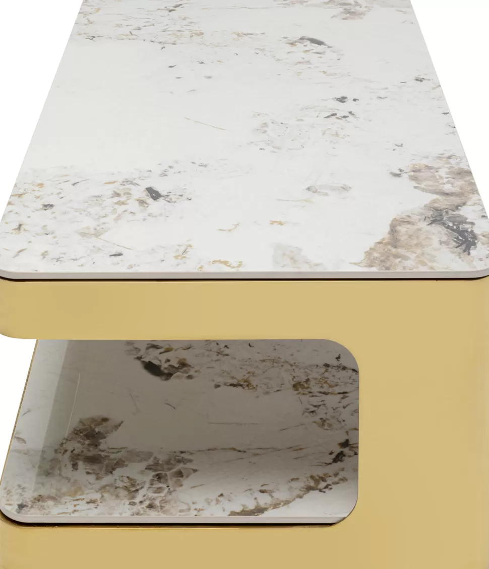 Stoliki Kawowe-KARE Design Stolik Kawowy Z Półką Biało-złoty Ceramika I Stal Nierdzewna 130x70 Cm