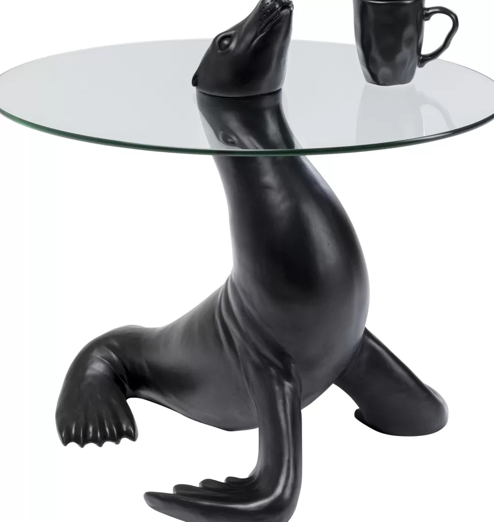 Stoliki Kawowe-KARE Design Stolik Pomocniczy Blat Szkło Hartowane Podstawa Czarna Lew Morski Ø50 Cm