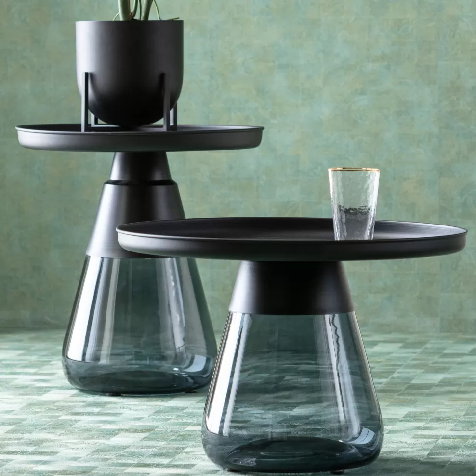 Stoliki Kawowe-KARE Design Stolik Pomocniczy Okrągły Stal Czarna I Szkło Przydymione Ø50 Cm