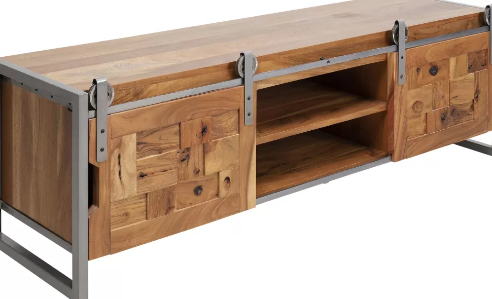 Szafki Rtv-KARE Design Szafka RTV Drzwi Przesuwne Drewno Akacjowe Nogi Stalowe 145x45 Cm