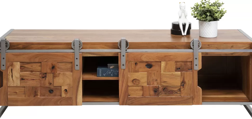 Szafki Rtv-KARE Design Szafka RTV Drzwi Przesuwne Drewno Akacjowe Nogi Stalowe 145x45 Cm