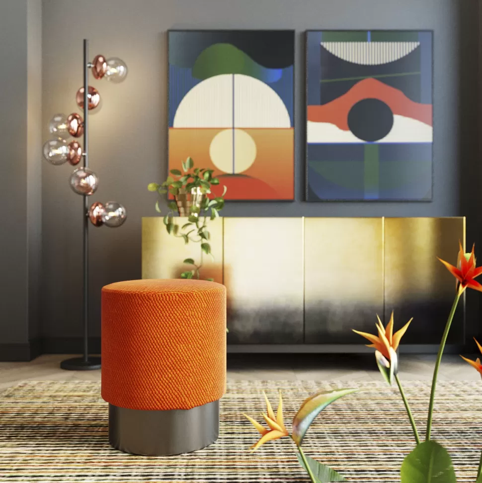 Taborety-KARE Design Taboret Okrągły Tapicerowany Pomarańczowy Podstawa Czarna Ø35x42 Cm