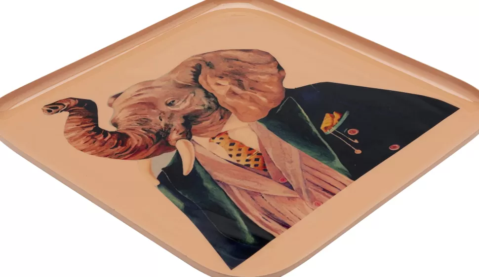 Zastawa Stołowa-KARE Design Taca Brązowa Ze Stali Motyw Zwierzęcy Słoń 27x27 Cm