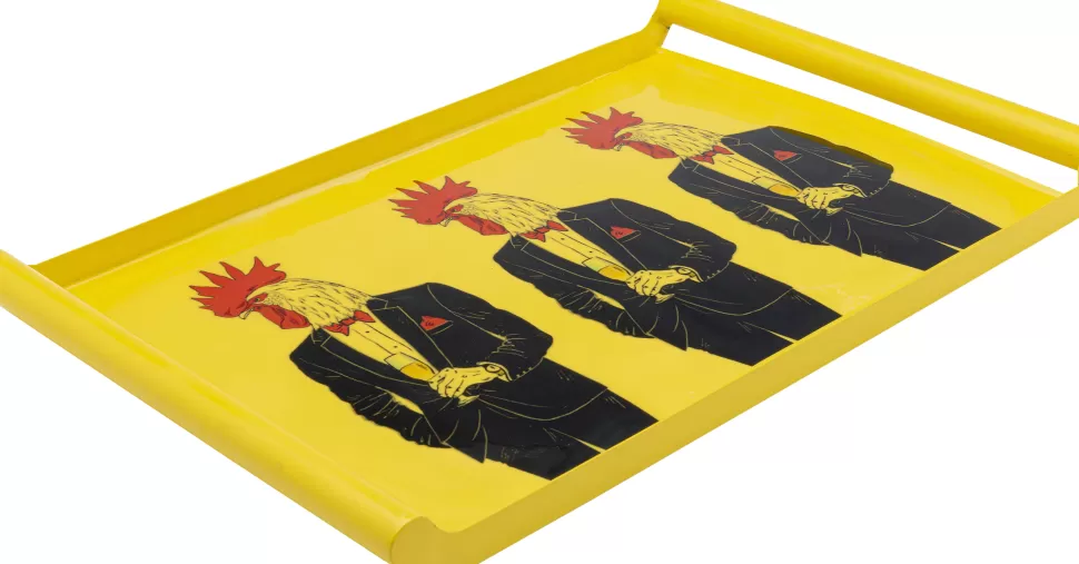 Zastawa Stołowa-KARE Design Taca Z Uchwytami Stalowa żółta Koguty W Garniturach 49x30 Cm