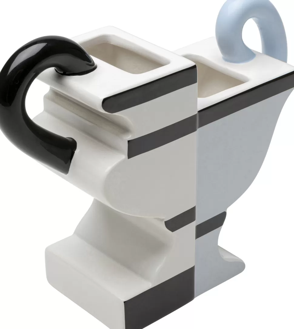 Wazony-KARE Design Wazon Z Uchwytami Ceramiczny Biało-niebieski 19x22 Cm Paski Czarne