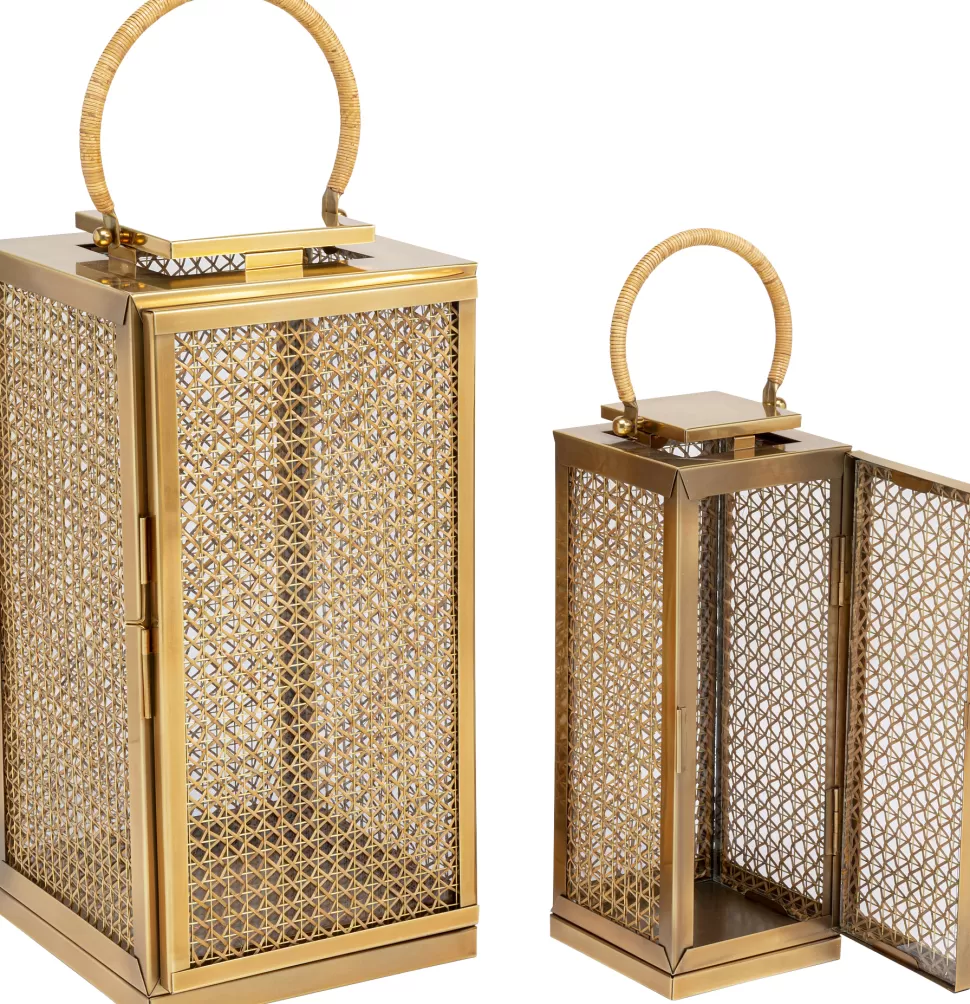Lampiony I Latarenki-KARE Design Zestaw 2 Dużych Latarenek Złotych Ze Stali Nierdzewnej I Trawy Morskiej