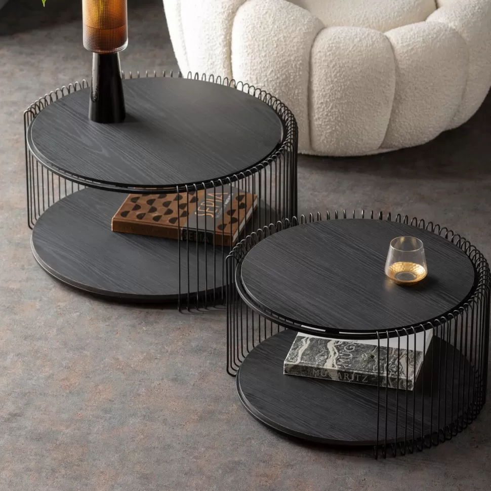 Stoliki Kawowe-KARE Design Zestaw Dwóch Stolików Blaty MDF Rama Stalowa - Kolor Czarny