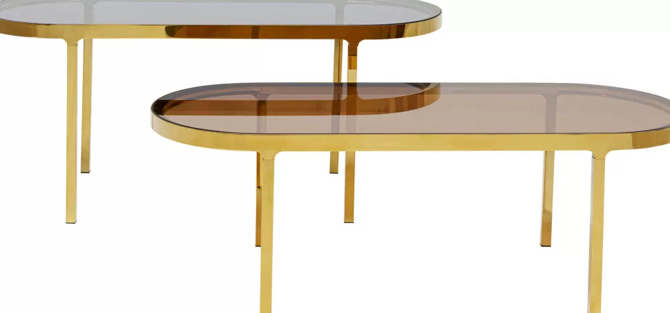 Stoliki Kawowe-KARE Design Zestaw Dwóch Stolików Blaty Szklane Brązowy I Przdymiony Nogi Złote