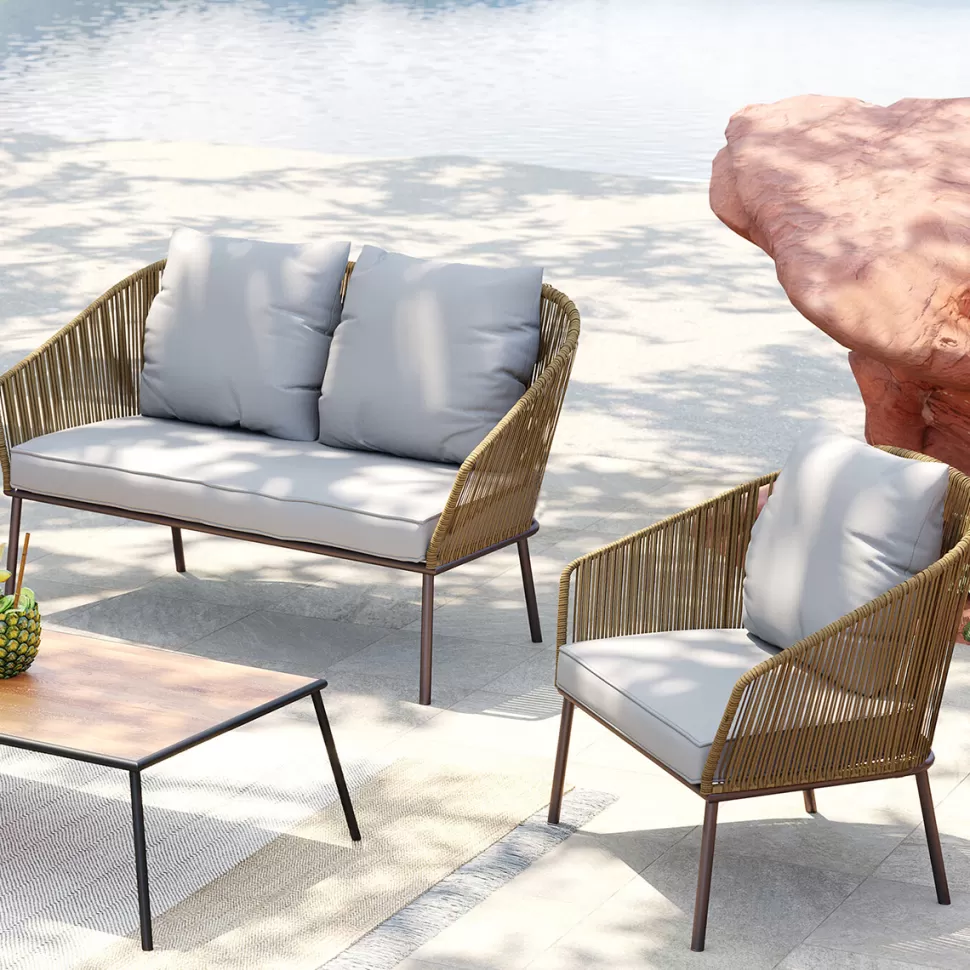 Sofy-KARE Design Zestaw Ogrodowy Szaro-naturalny 4-set Sofa, Stolik I 2 Fotele